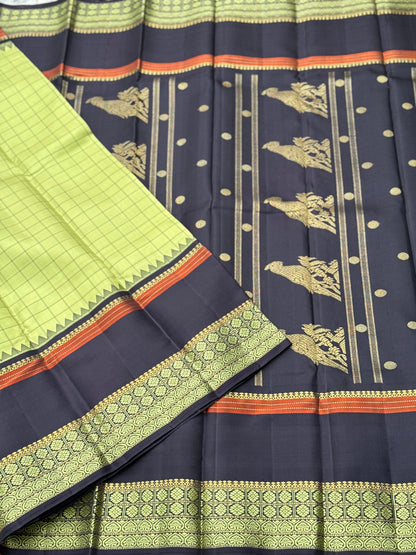 Aesthetic vintage revival kutrala kuravanji Kanchivaram silk saree in pastel green with deep brown