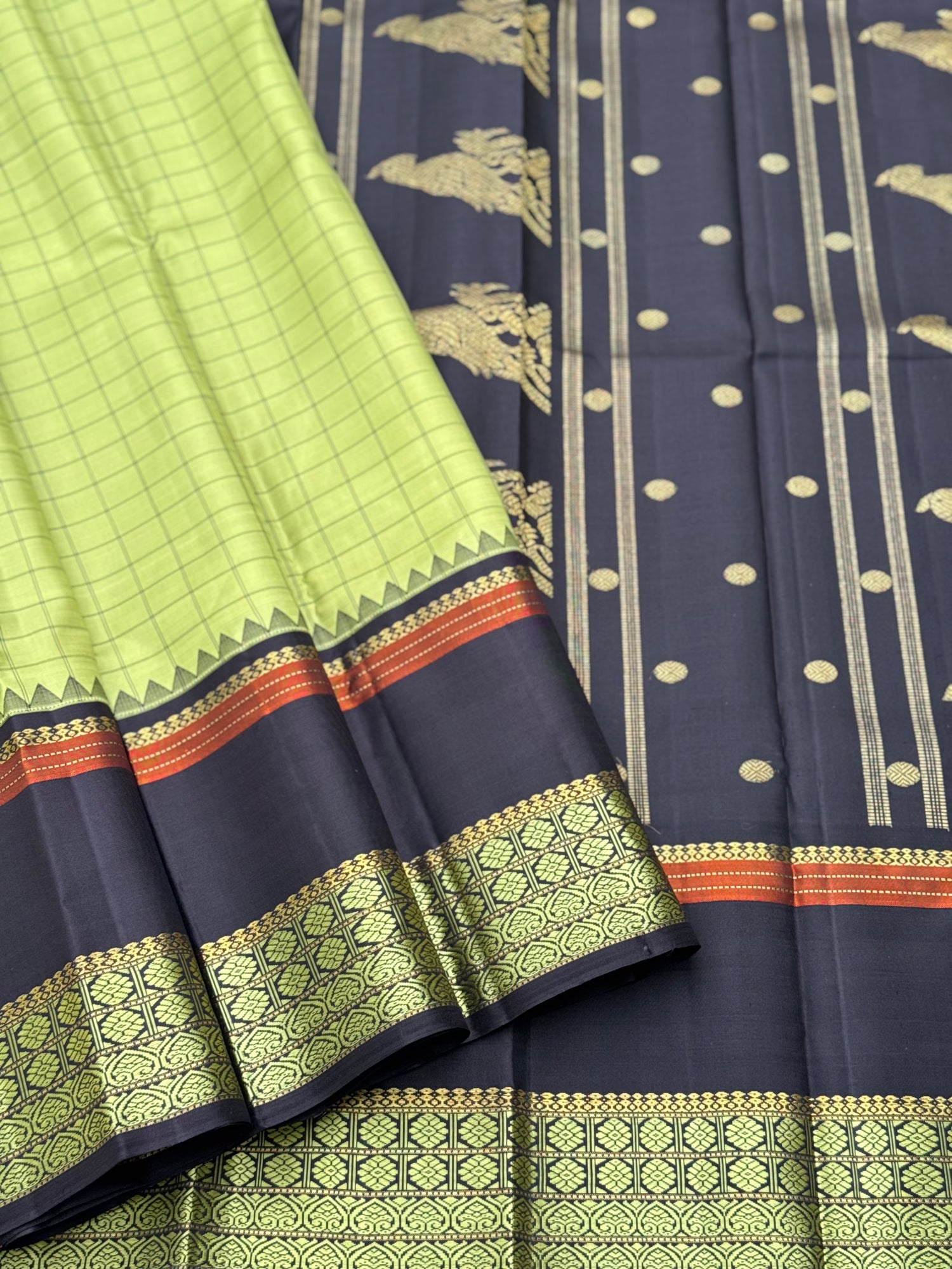 Aesthetic vintage revival kutrala kuravanji Kanchivaram silk saree in pastel green with deep brown