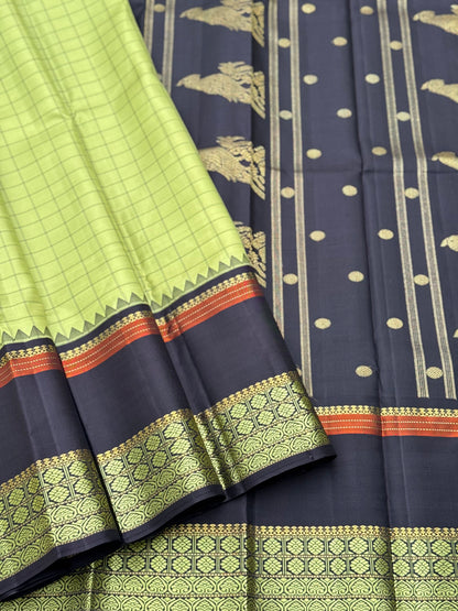 Aesthetic vintage revival kutrala kuravanji Kanchivaram silk saree in pastel green with deep brown