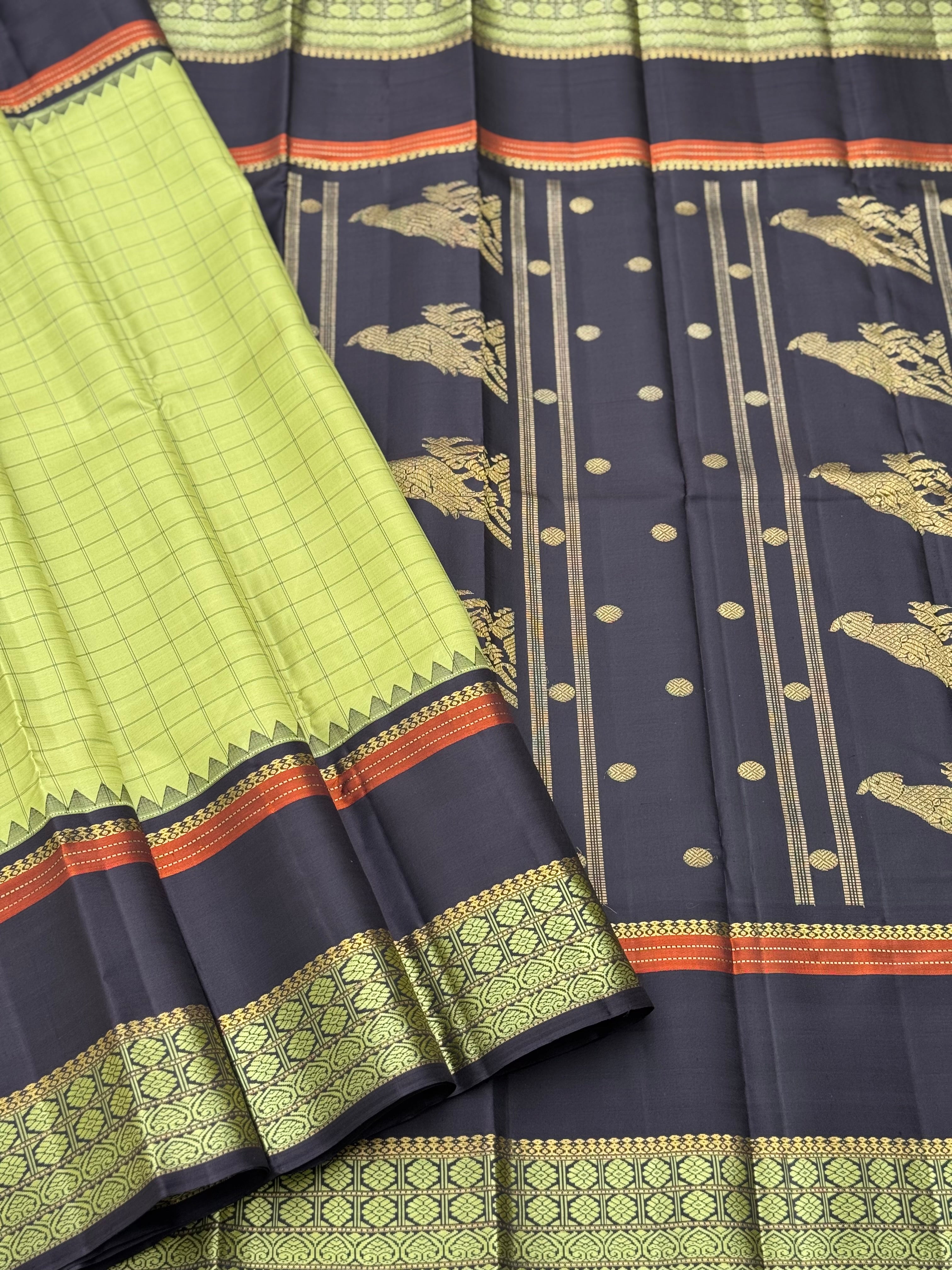 Aesthetic vintage revival kutrala kuravanji Kanchivaram silk saree in pastel green with deep brown