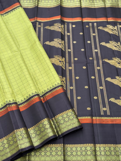 Aesthetic vintage revival kutrala kuravanji Kanchivaram silk saree in pastel green with deep brown
