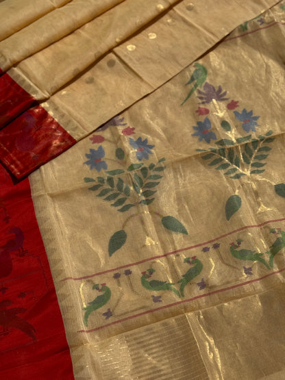 A Designer Exclusive Jaal Weave Ponduru Khadhi Jamdani with tissue Muniya paithani border with Peacock and Parrots