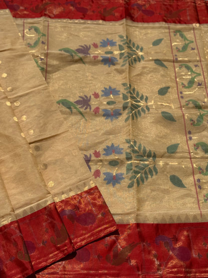 A Designer Exclusive Jaal Weave Ponduru Khadhi Jamdani with tissue Muniya paithani border with Peacock and Parrots