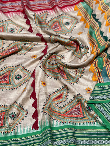 Vidarbha Tussar silk saree with Karvati kinar border and Phulkari handwork