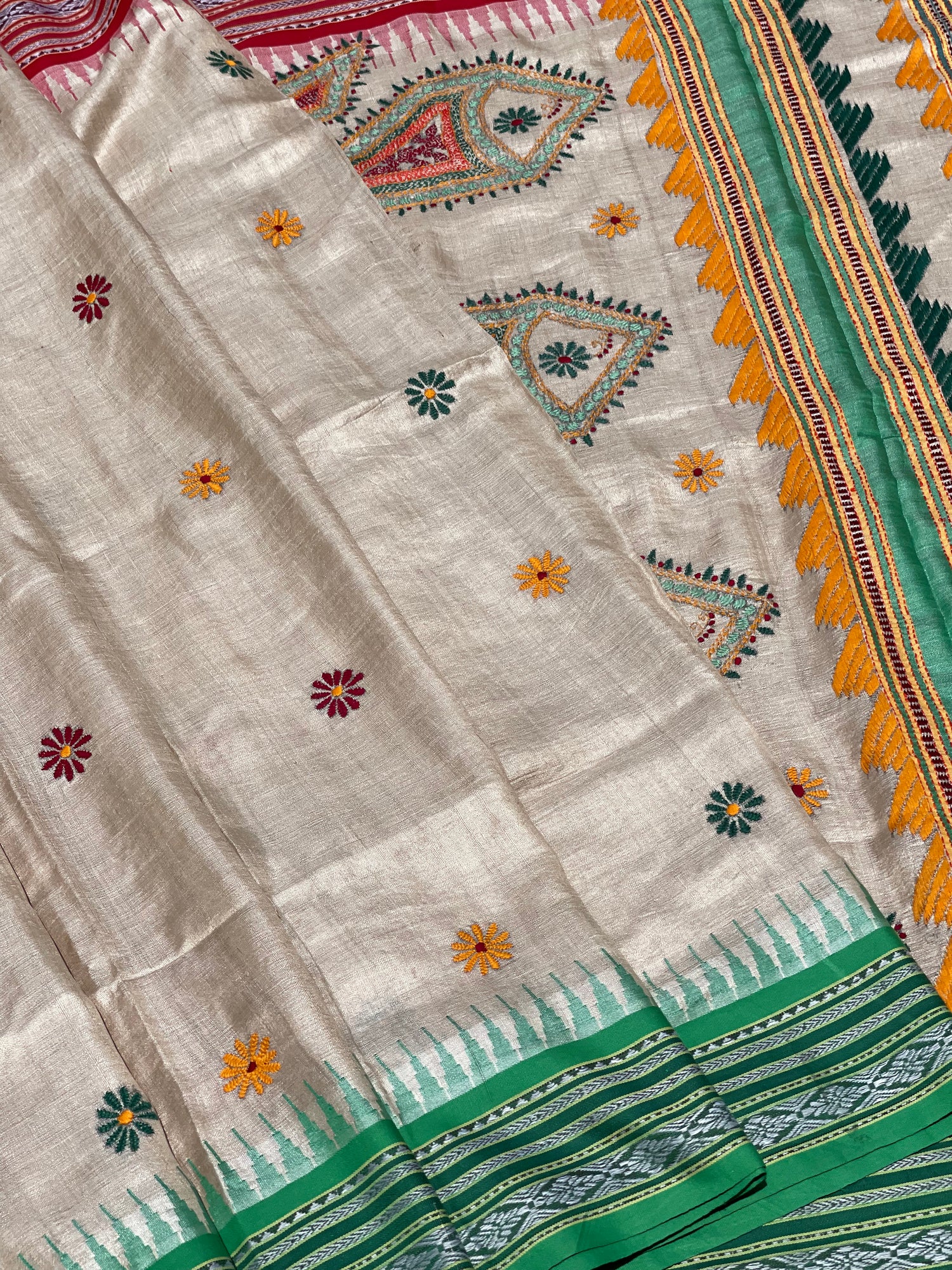 Vidarbha Tussar silk saree with Karvati kinar border and Phulkari handwork