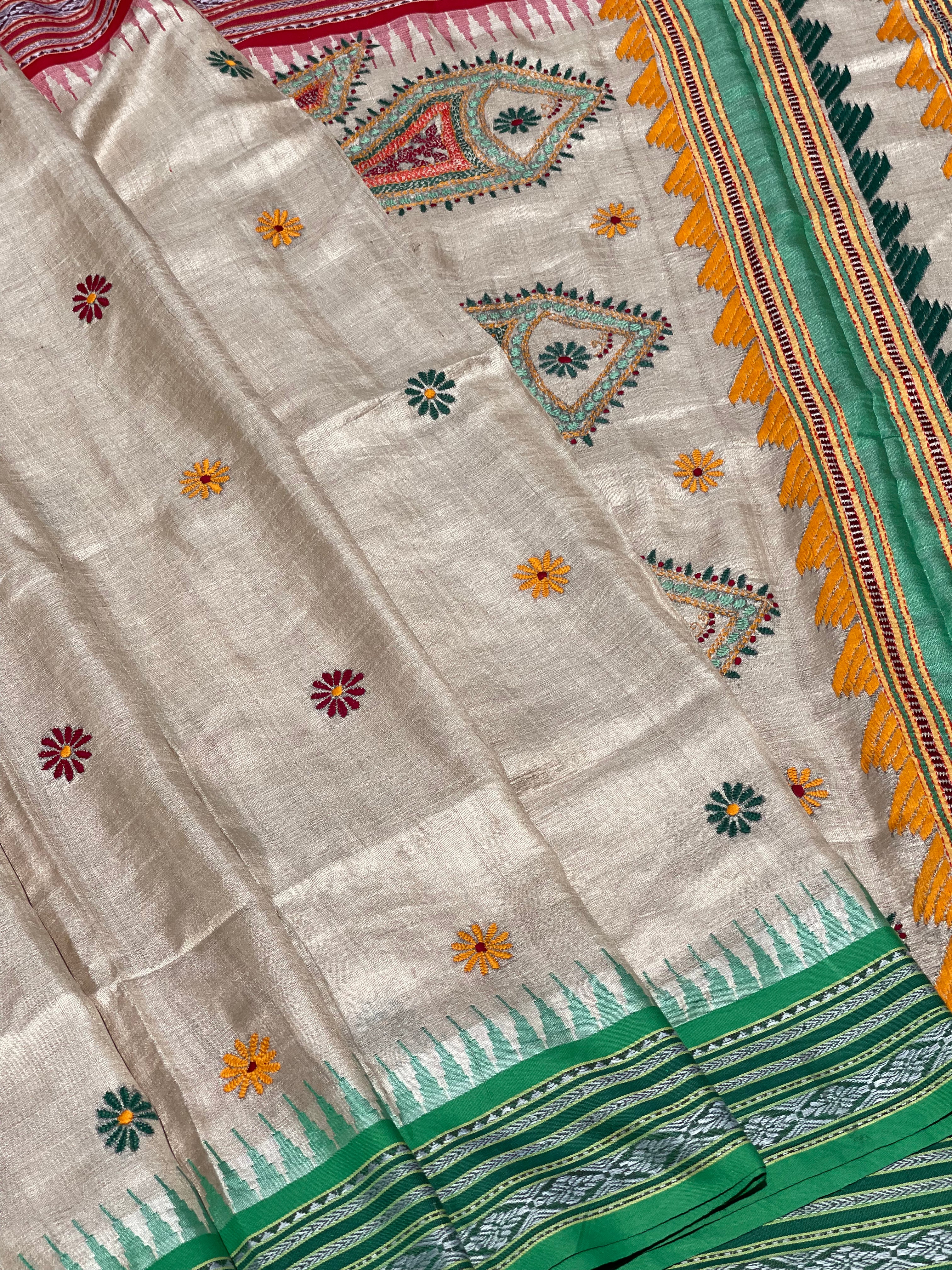 Vidarbha Tussar silk saree with Karvati kinar border and Phulkari handwork