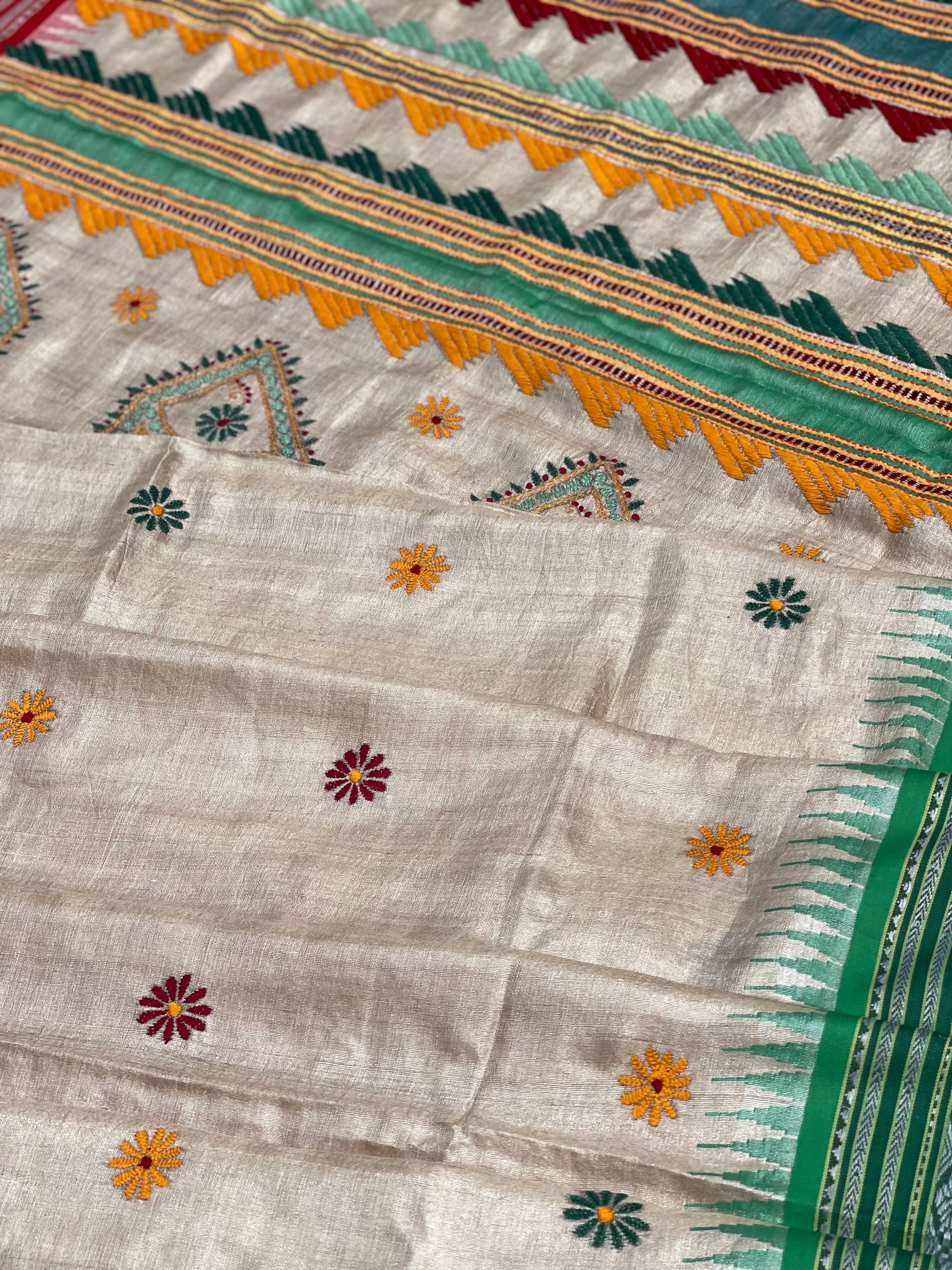 Vidarbha Tussar silk saree with Karvati kinar border and Phulkari handwork