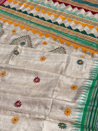 Vidarbha Tussar silk saree with Karvati kinar border and Phulkari handwork