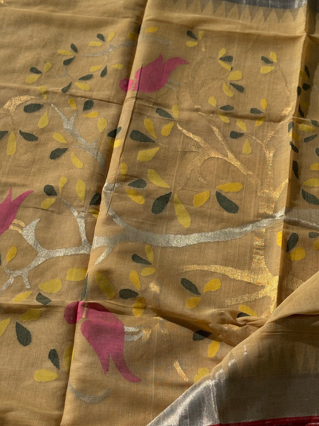 Handspun Ponduru Khadhi Jaal Jamdani Saree in muted gold