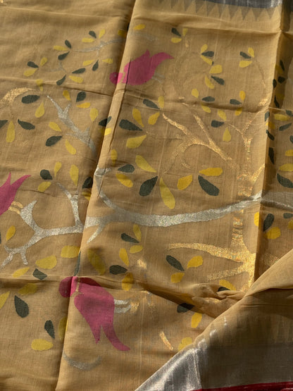 Handspun Ponduru Khadhi Jaal Jamdani Saree in muted gold