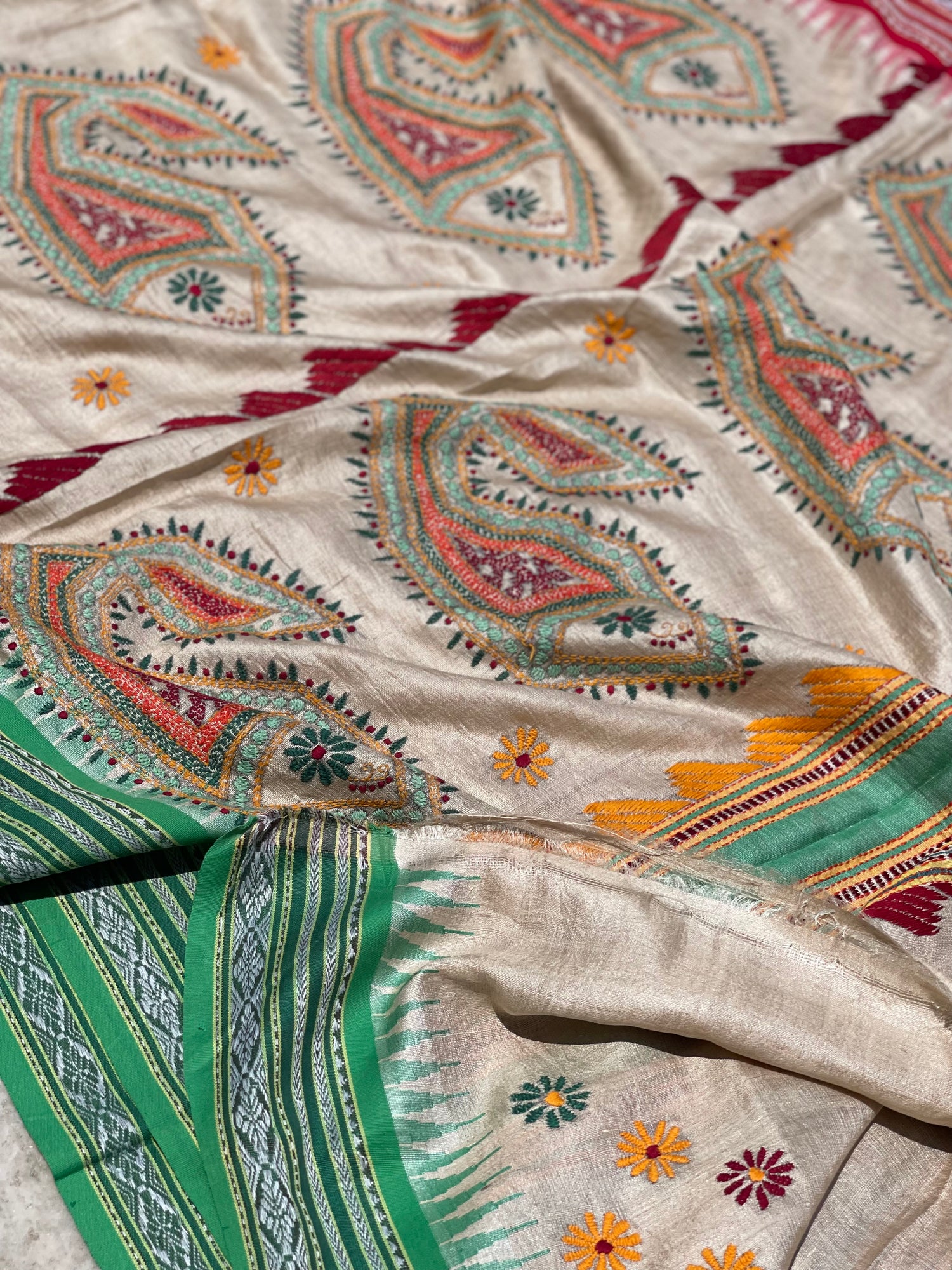 Vidarbha Tussar silk saree with Karvati kinar border and Phulkari handwork