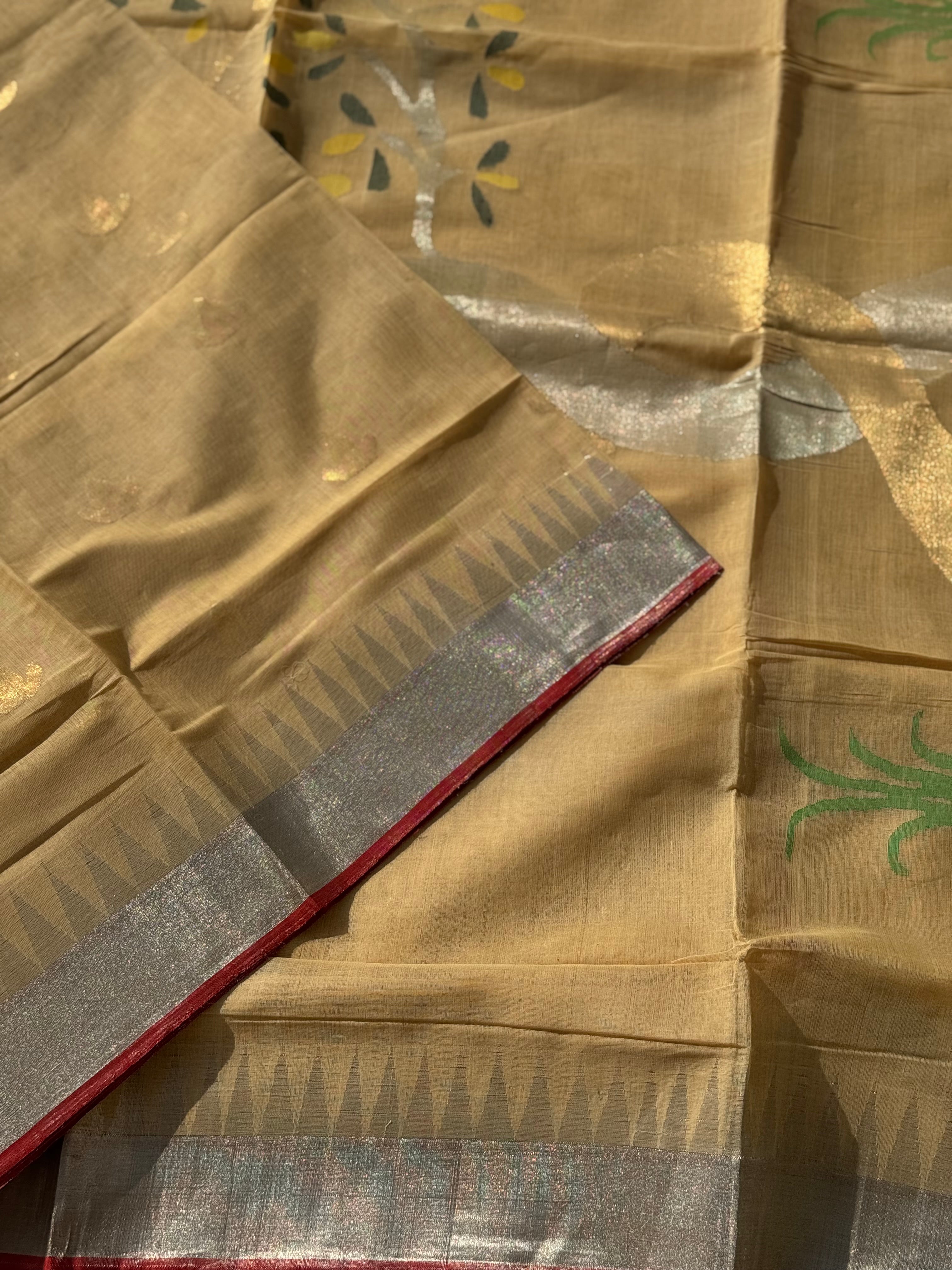 Handspun Ponduru Khadhi Jaal Jamdani Saree in muted gold
