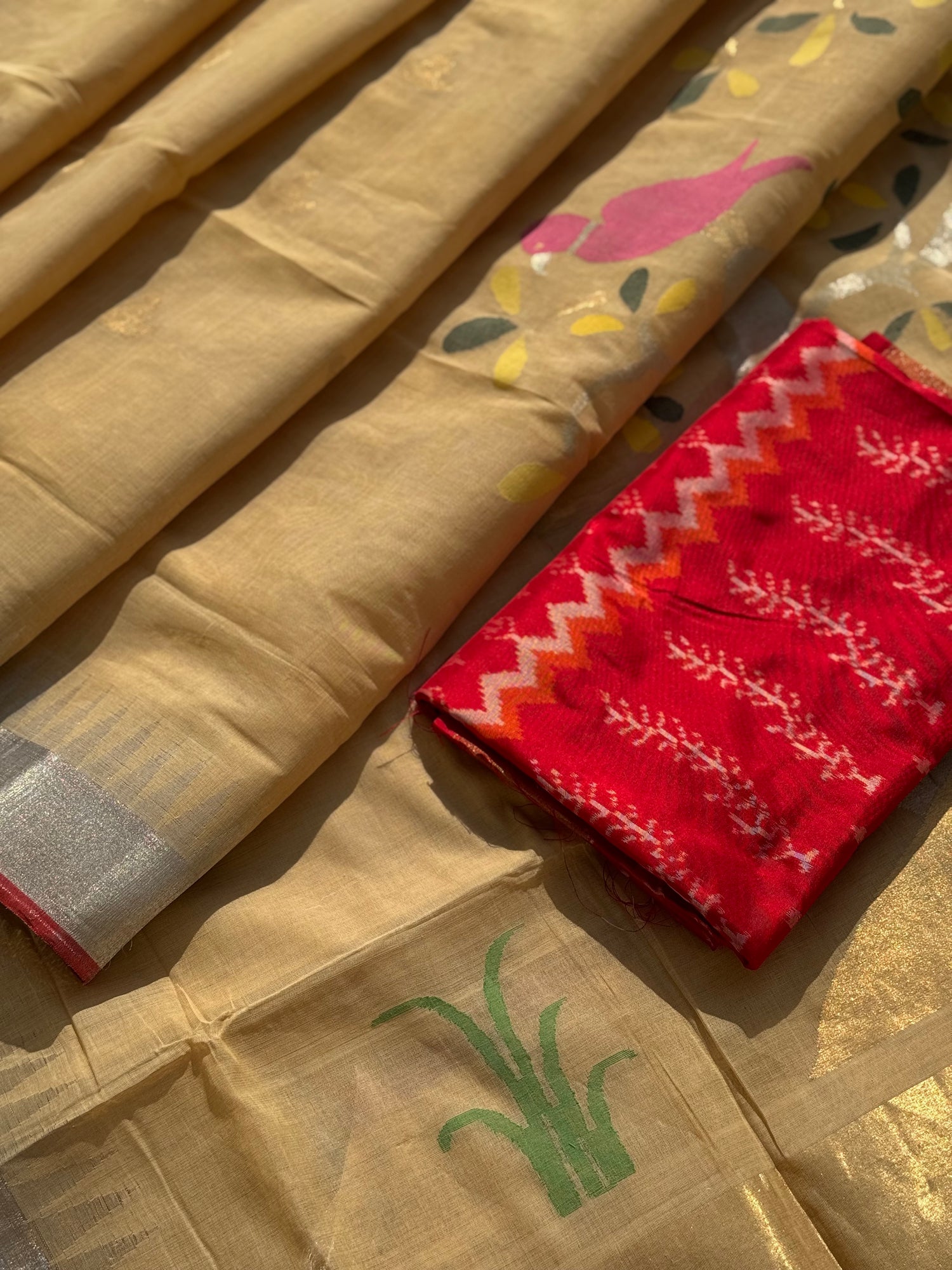 Handspun Ponduru Khadhi Jaal Jamdani Saree in muted gold