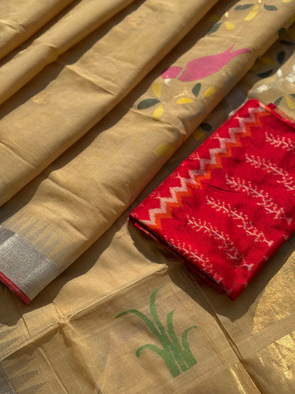 Handspun Ponduru Khadhi Jaal Jamdani Saree in muted gold