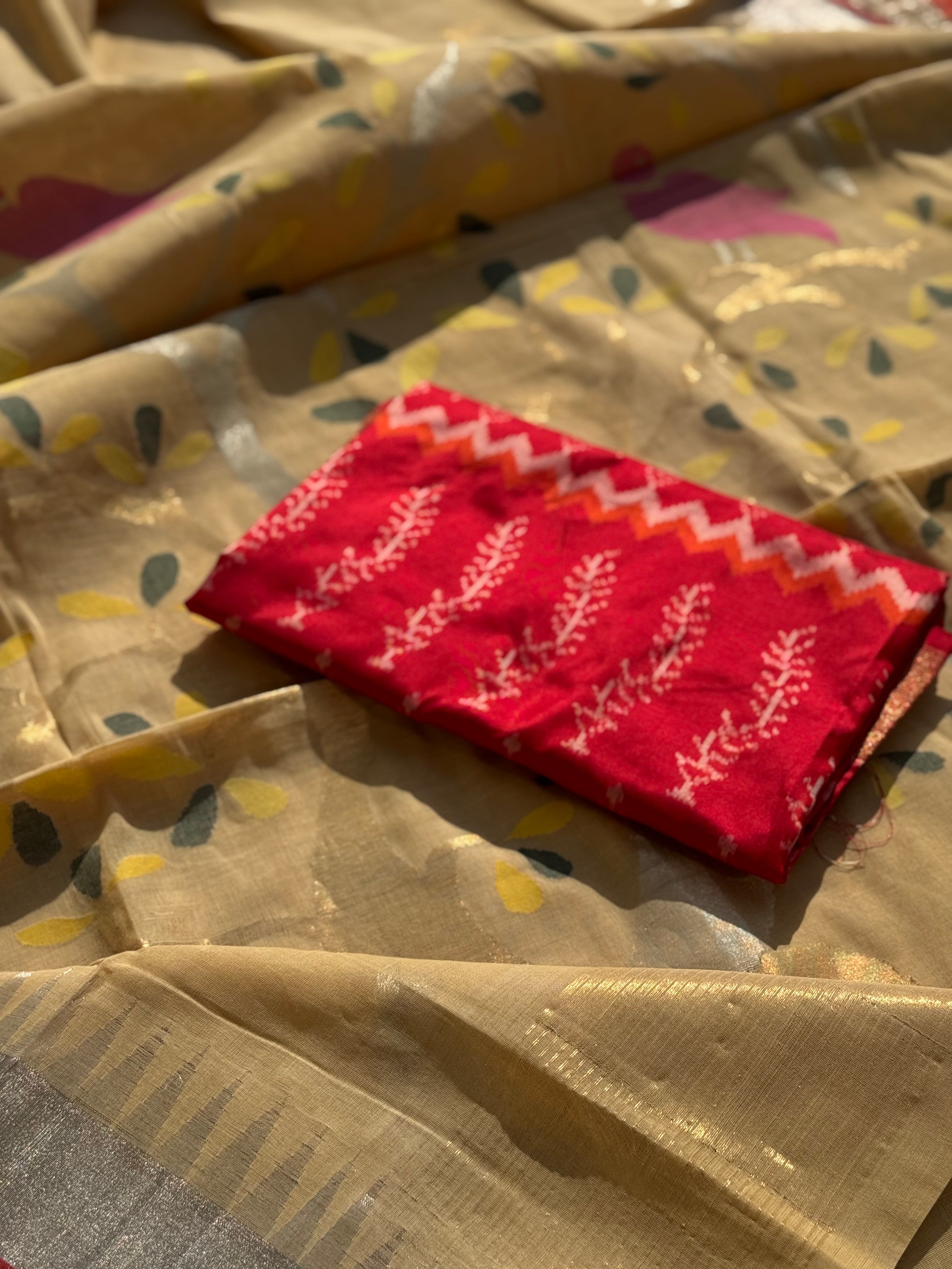 Handspun Ponduru Khadhi Jaal Jamdani Saree in muted gold