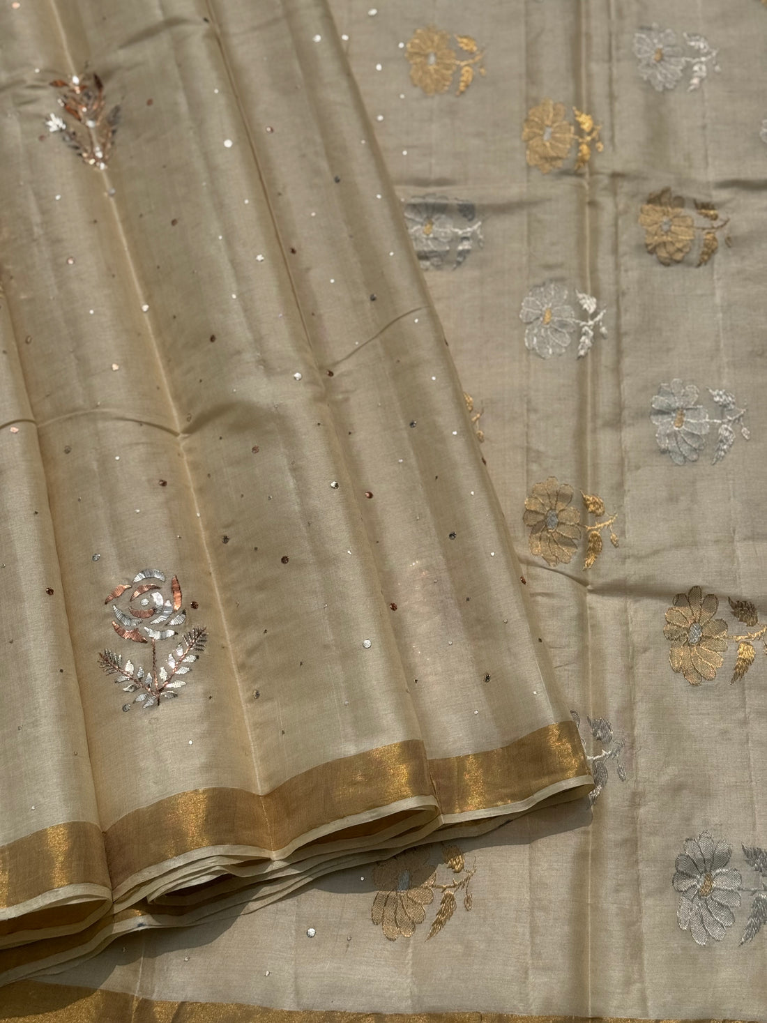 Stunner mukesh badla work tussar by mulberry silk saree with jacquard weave florals on pallu