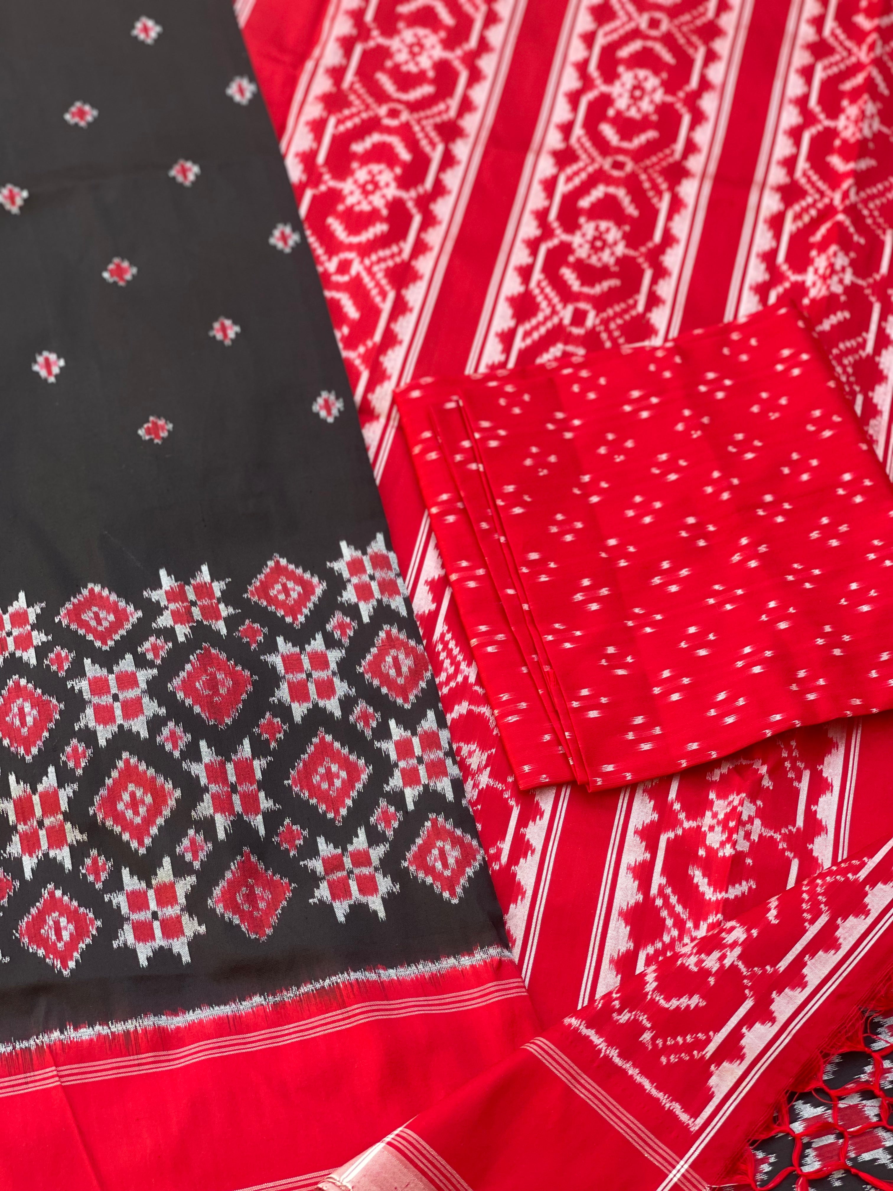 A Contemporary in Telia Rumal Inspired silk ikkat saree in black and red