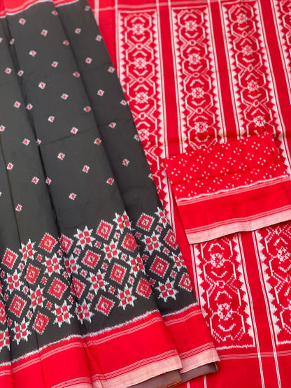 A Contemporary in Telia Rumal Inspired silk ikkat saree in black and red