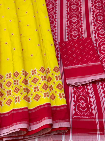 A Contemporary in Telia Rumal Inspired silk ikkat saree in yellow red