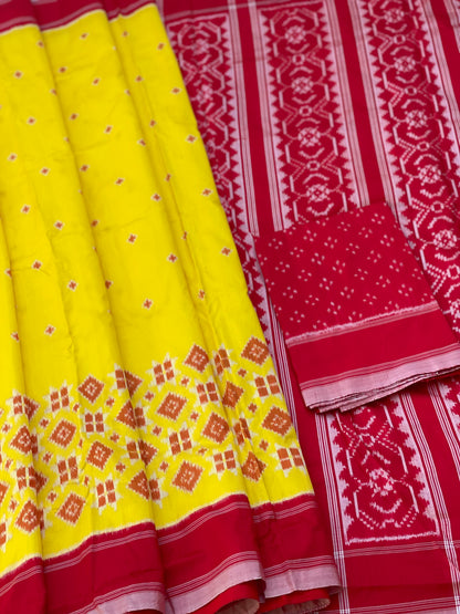 A Contemporary in Telia Rumal Inspired silk ikkat saree in yellow red