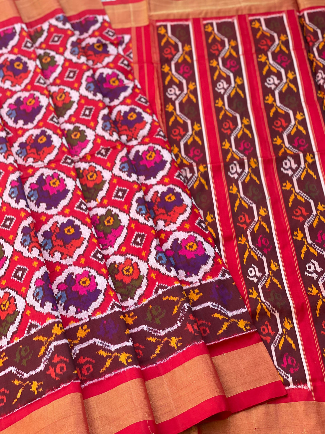 Patola Inspired silk Ikkat Saree with flower basket motifs