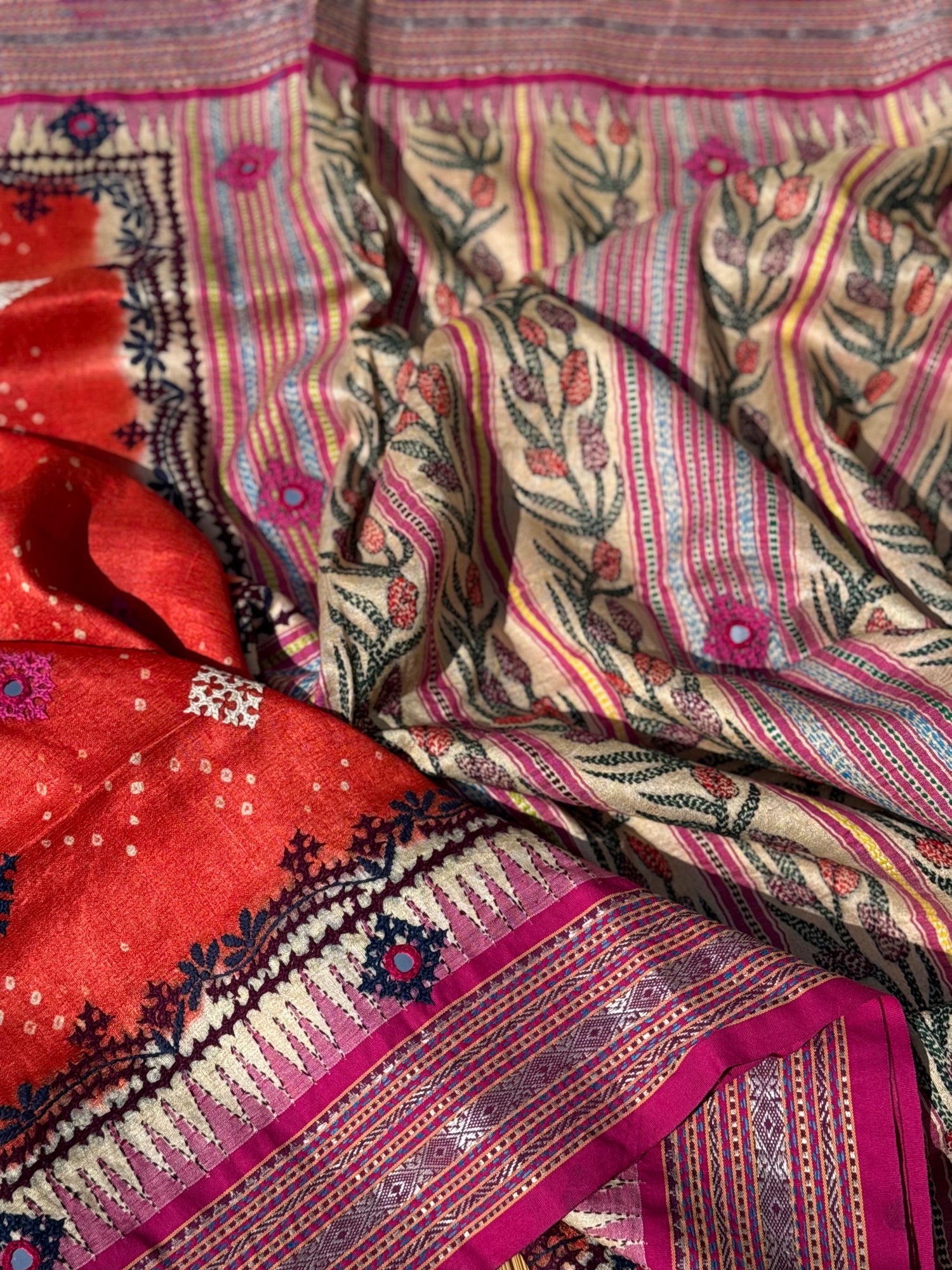 Vidharbha tussar silk saree with handknotted Bhandej and kutch mirror work