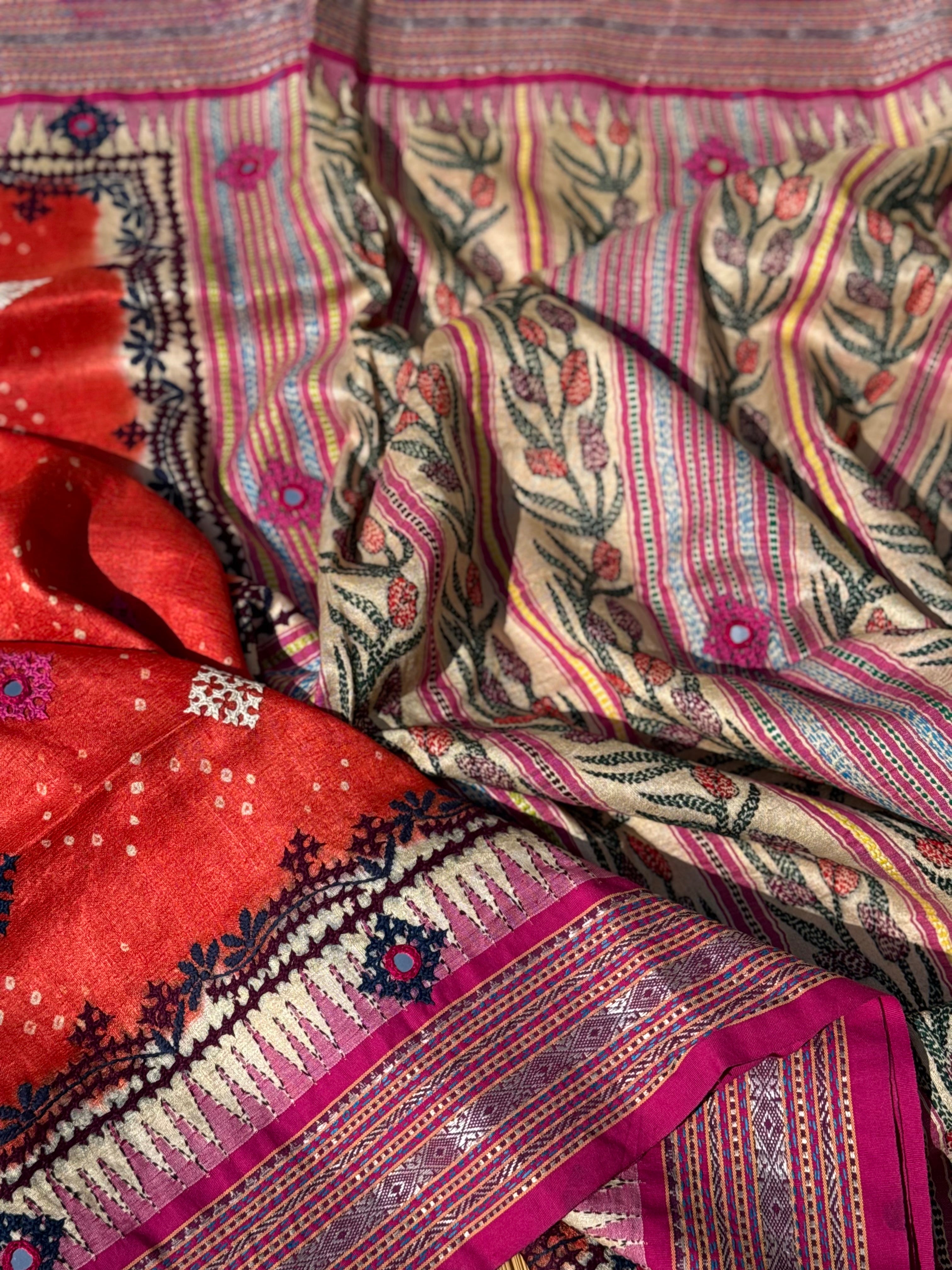 Vidharbha tussar silk saree with handknotted Bhandej and kutch mirror work