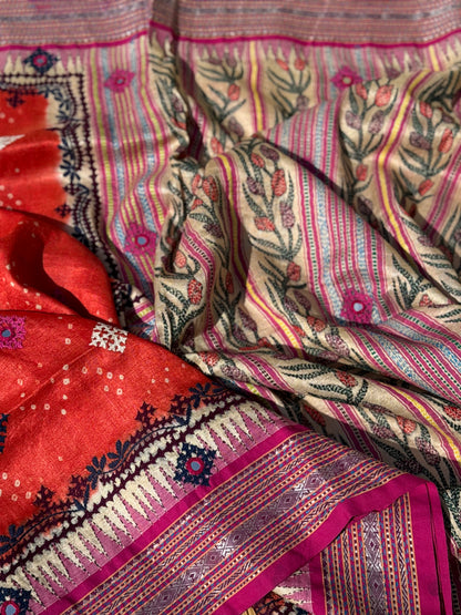Vidharbha tussar silk saree with handknotted Bhandej and kutch mirror work