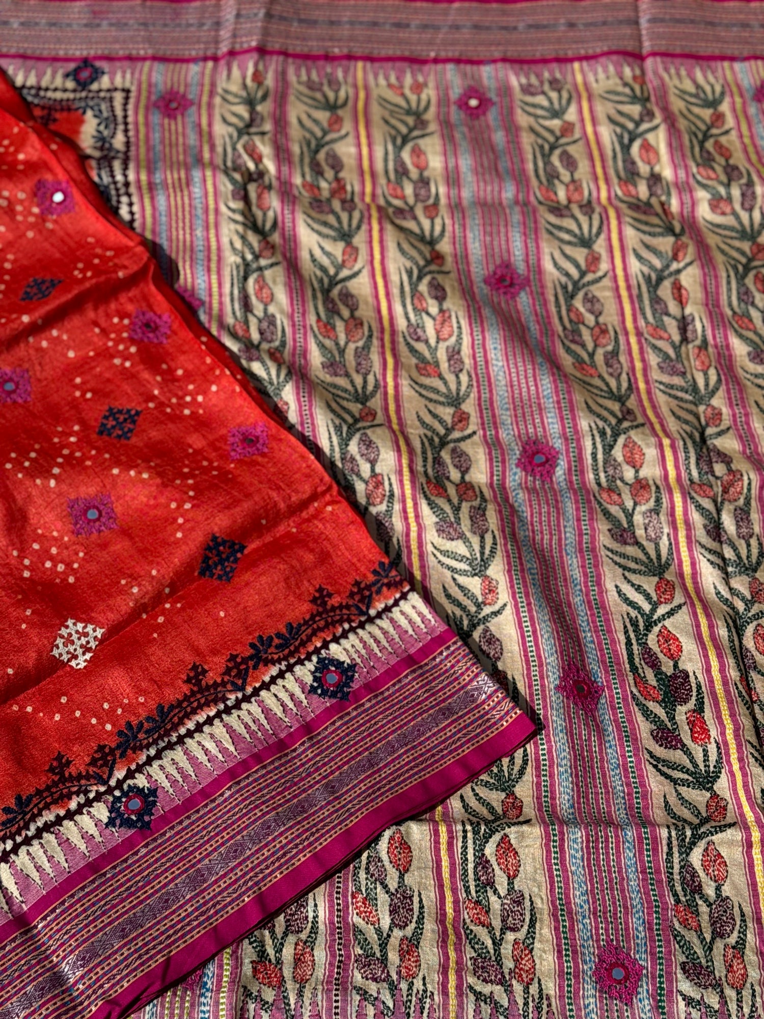 Vidharbha tussar silk saree with handknotted Bhandej and kutch mirror work