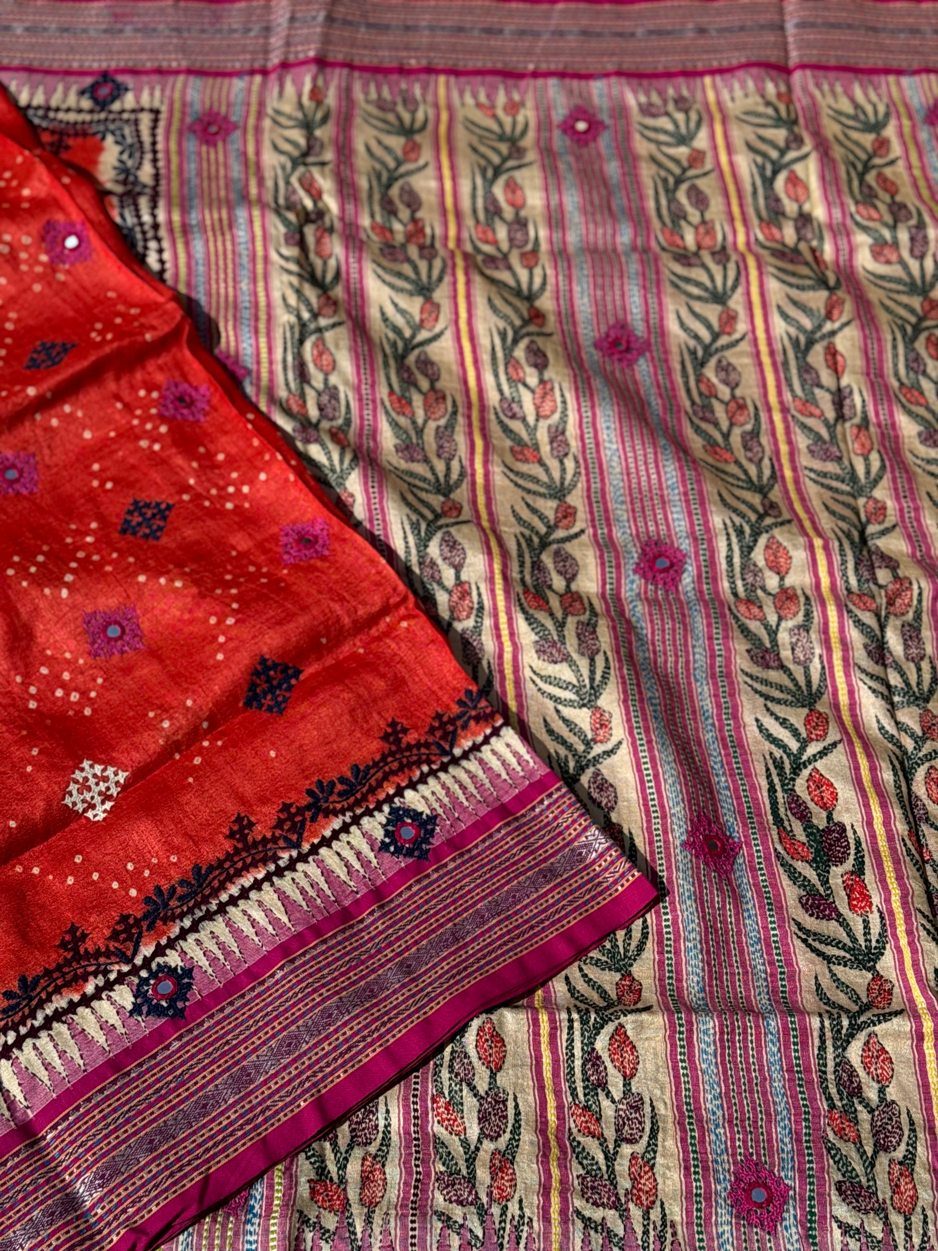 Vidharbha tussar silk saree with handknotted Bhandej and kutch mirror work