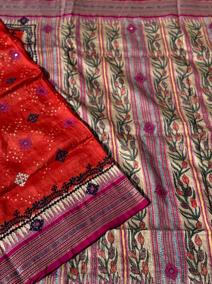 Vidharbha tussar silk saree with handknotted Bhandej and kutch mirror work