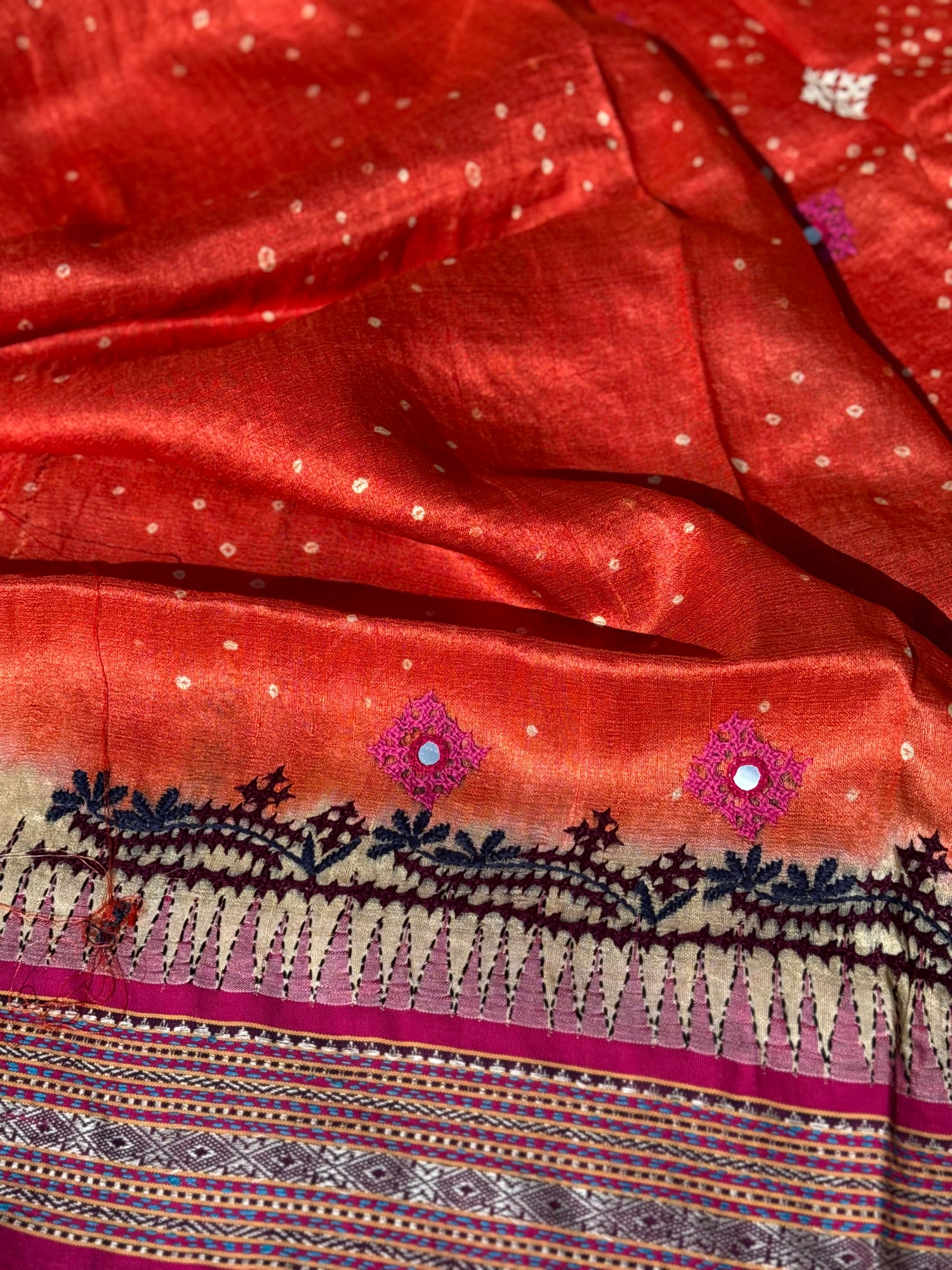 Vidharbha tussar silk saree with handknotted Bhandej and kutch mirror work
