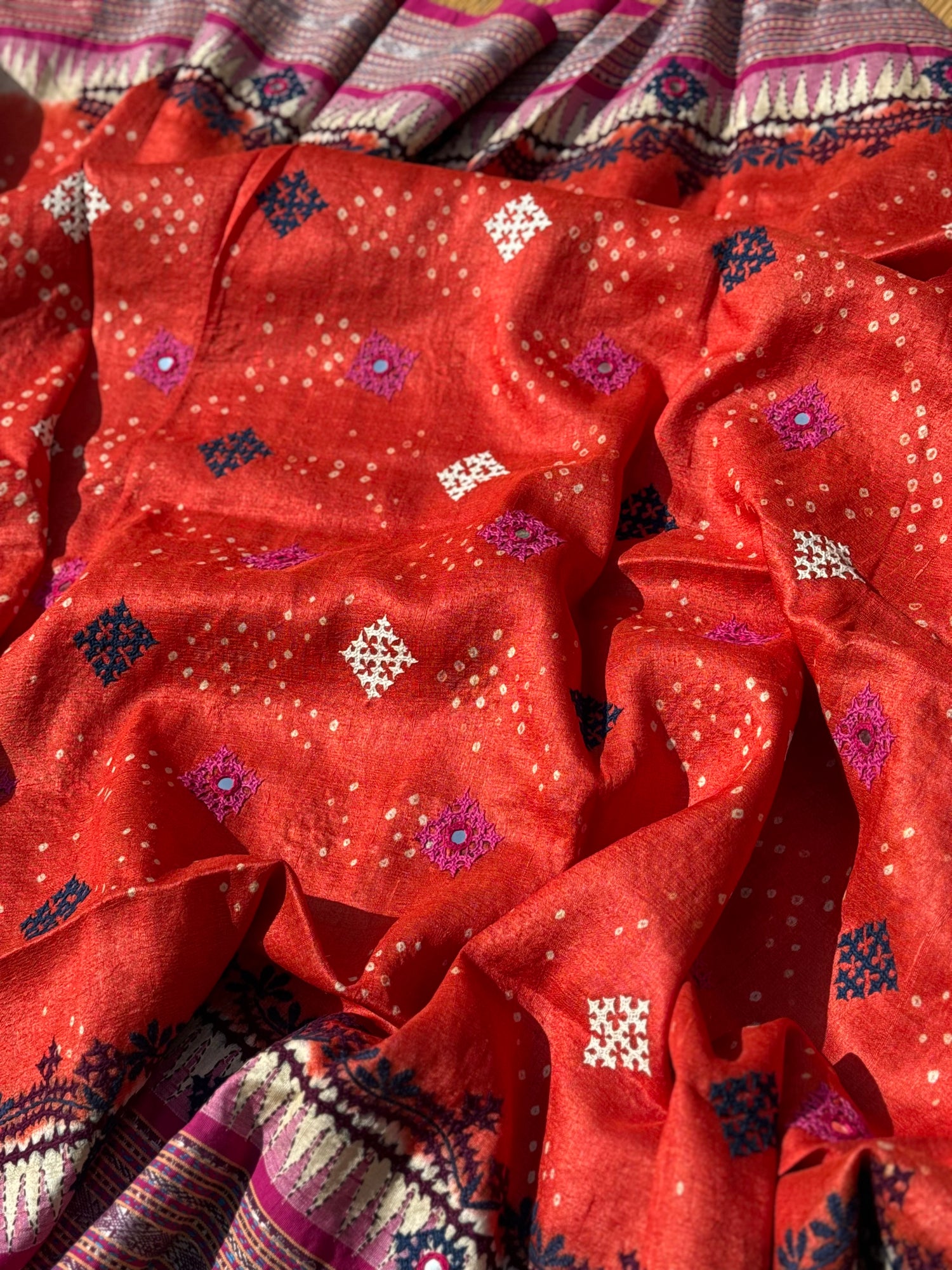 Vidharbha tussar silk saree with handknotted Bhandej and kutch mirror work