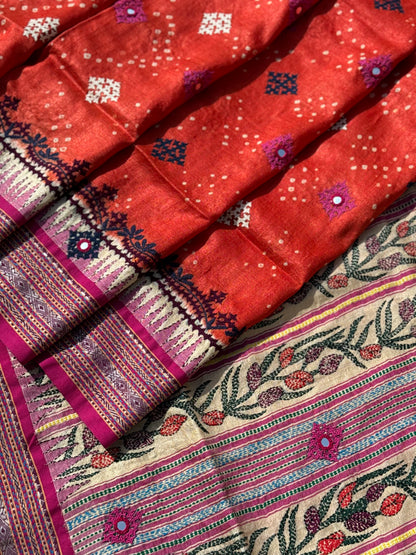 Vidharbha tussar silk saree with handknotted Bhandej and kutch mirror work