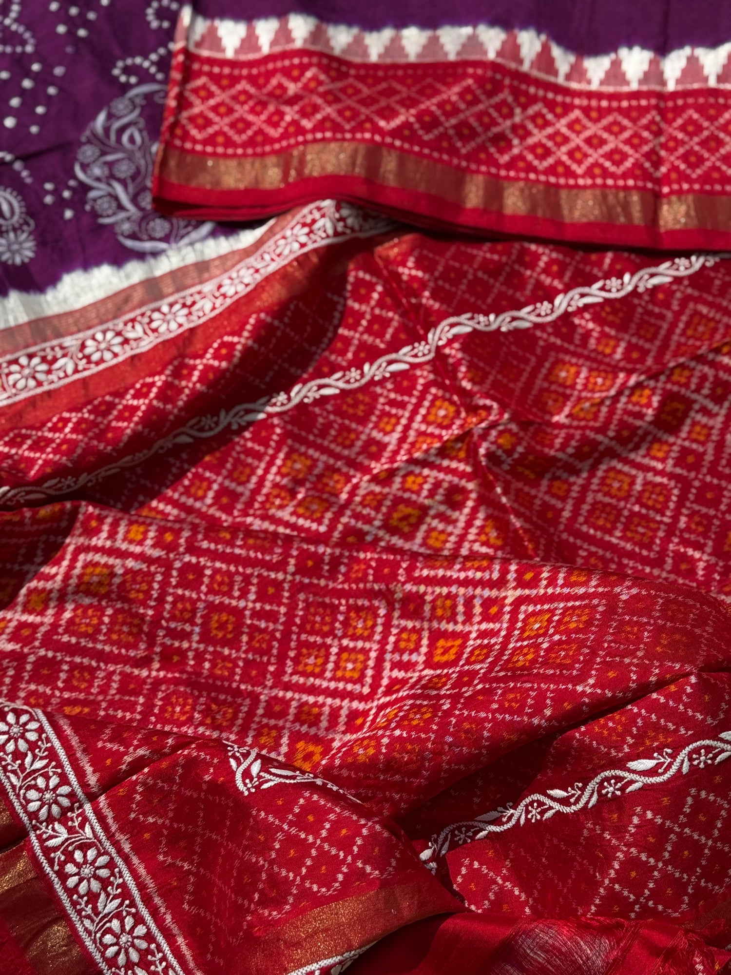 Fusion Rai Bhandej on ikkat silk with hand embroidery Chikankari work