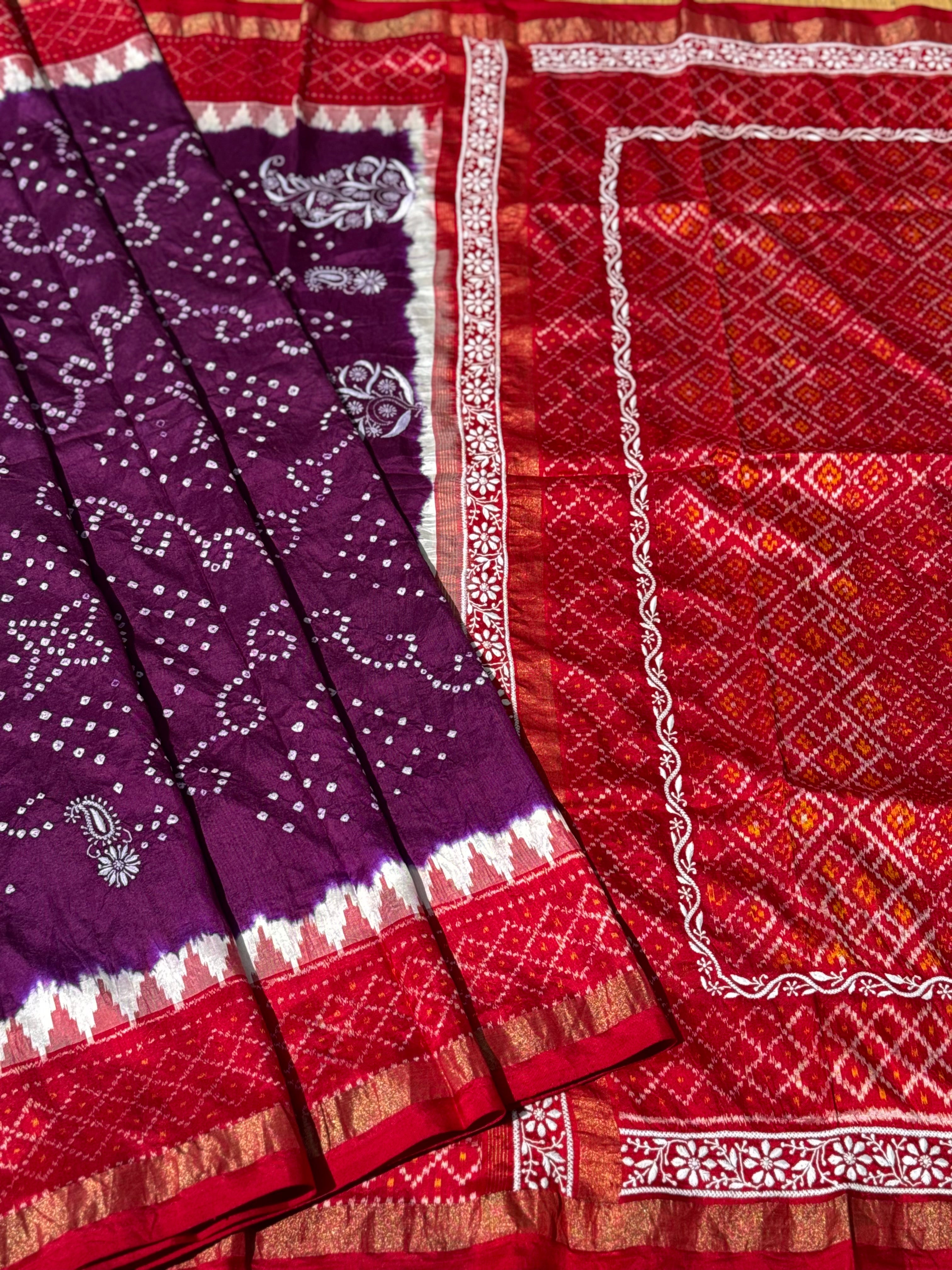Fusion Rai Bhandej on ikkat silk with hand embroidery Chikankari work