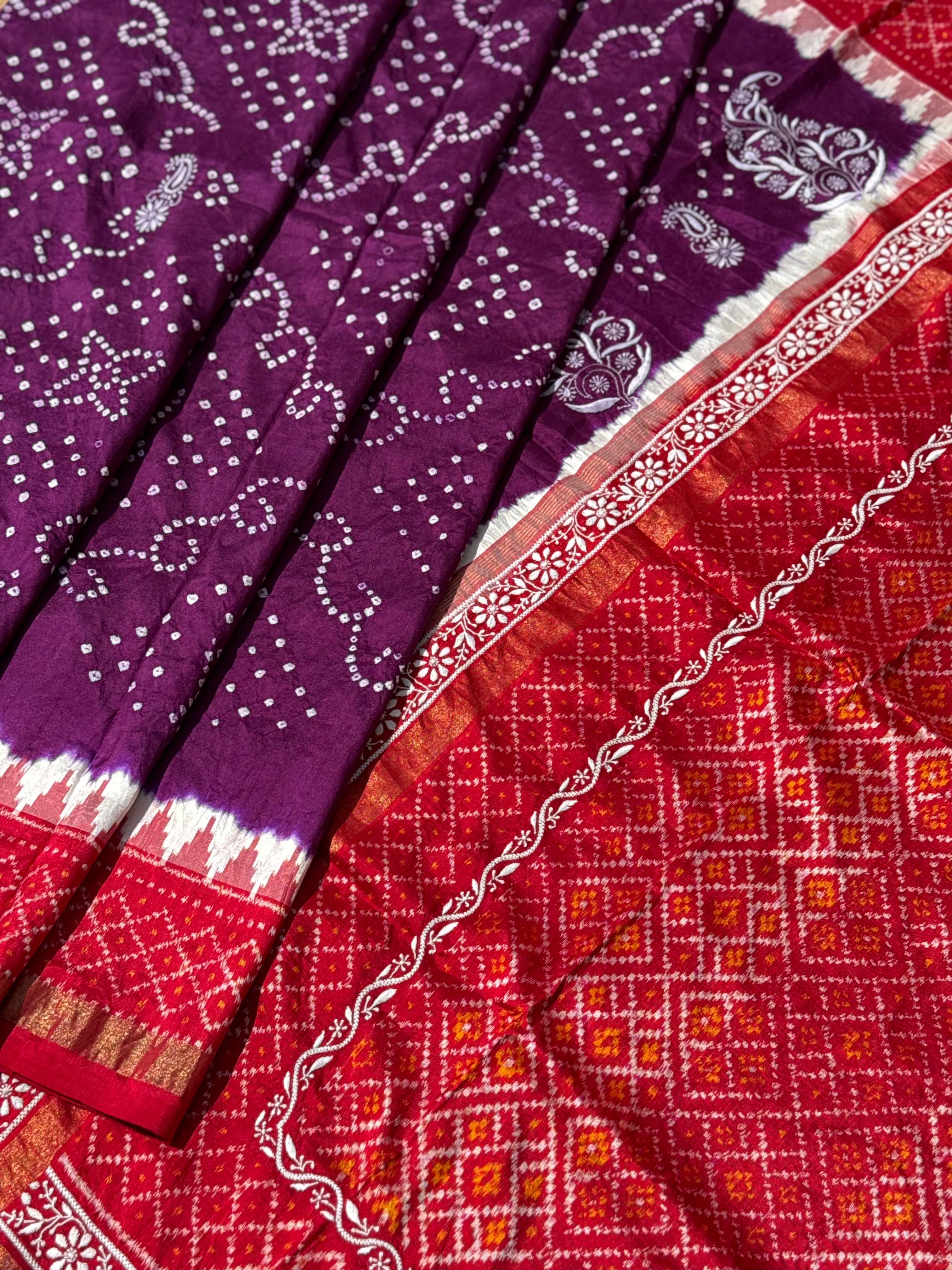 Fusion Rai Bhandej on ikkat silk with hand embroidery Chikankari work