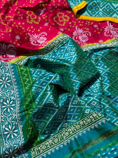Fusion Rai Bhandej on ikkat silk with hand embroidery Chikankari work