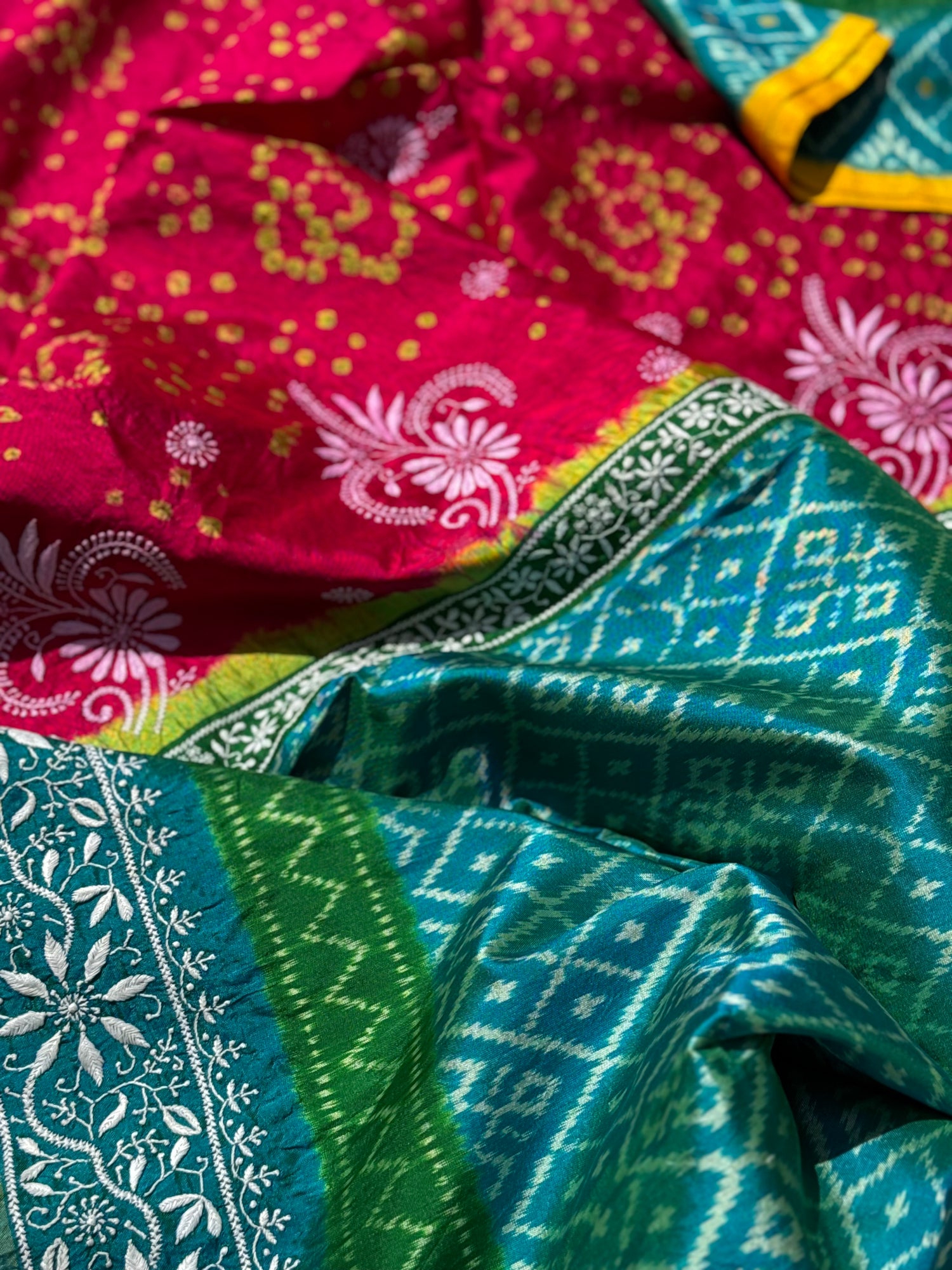 Fusion Rai Bhandej on ikkat silk with hand embroidery Chikankari work