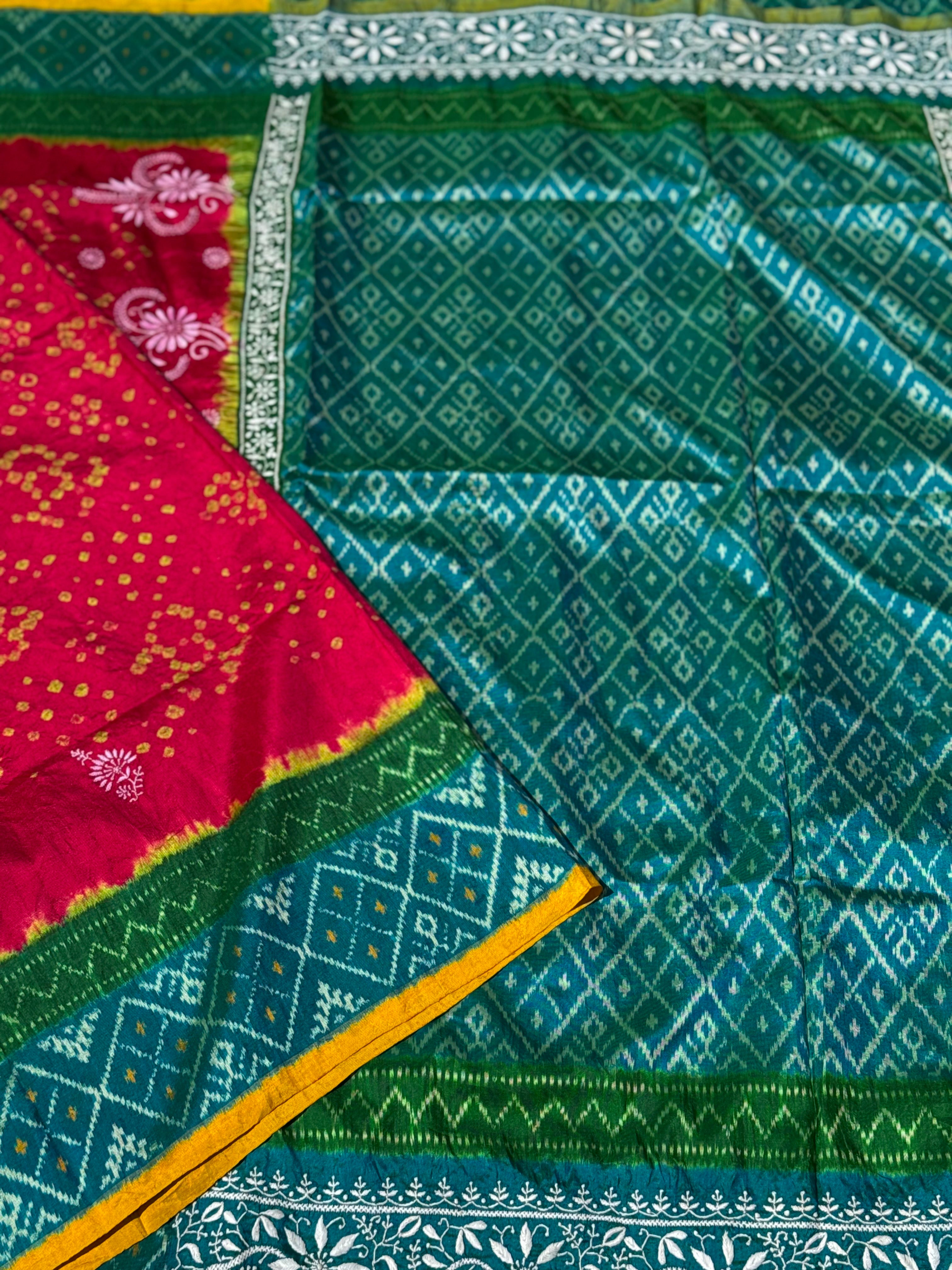 Fusion Rai Bhandej on ikkat silk with hand embroidery Chikankari work