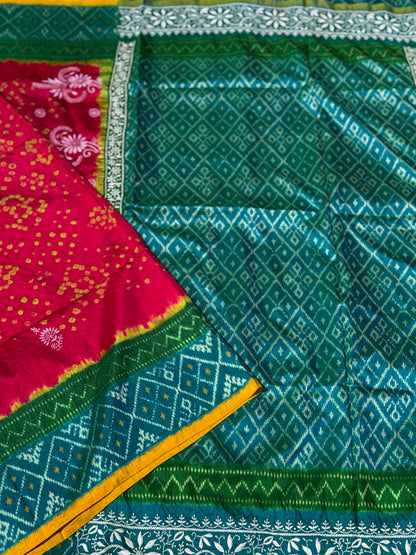 Fusion Rai Bhandej on ikkat silk with hand embroidery Chikankari work