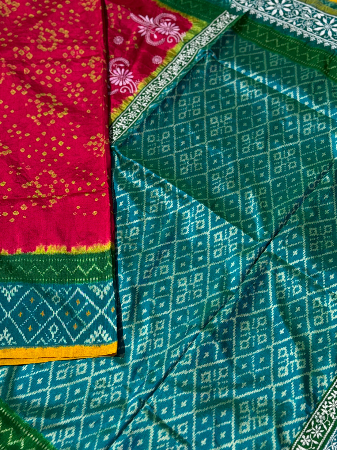 Fusion Rai Bhandej on ikkat silk with hand embroidery Chikankari work