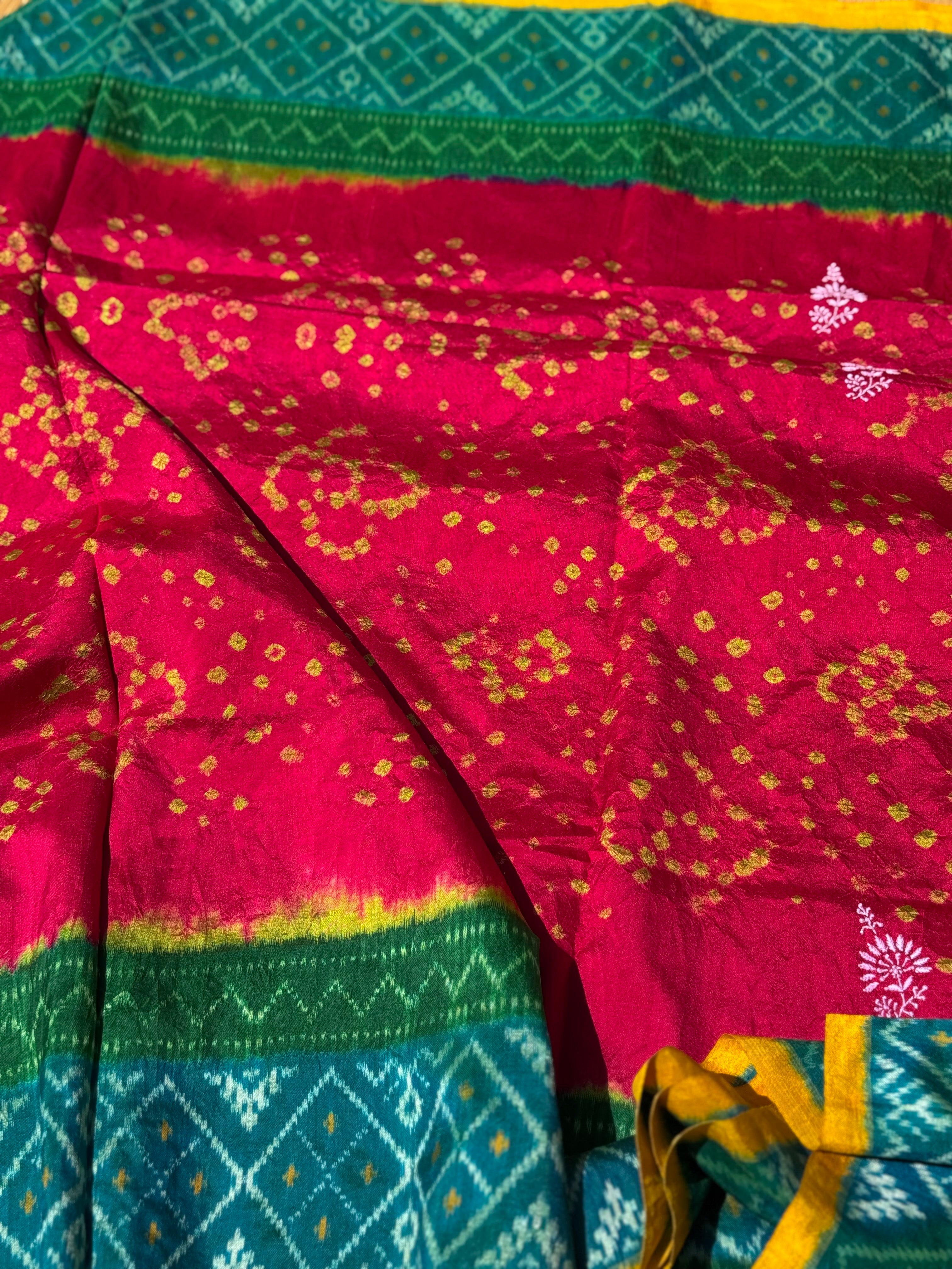 Fusion Rai Bhandej on ikkat silk with hand embroidery Chikankari work