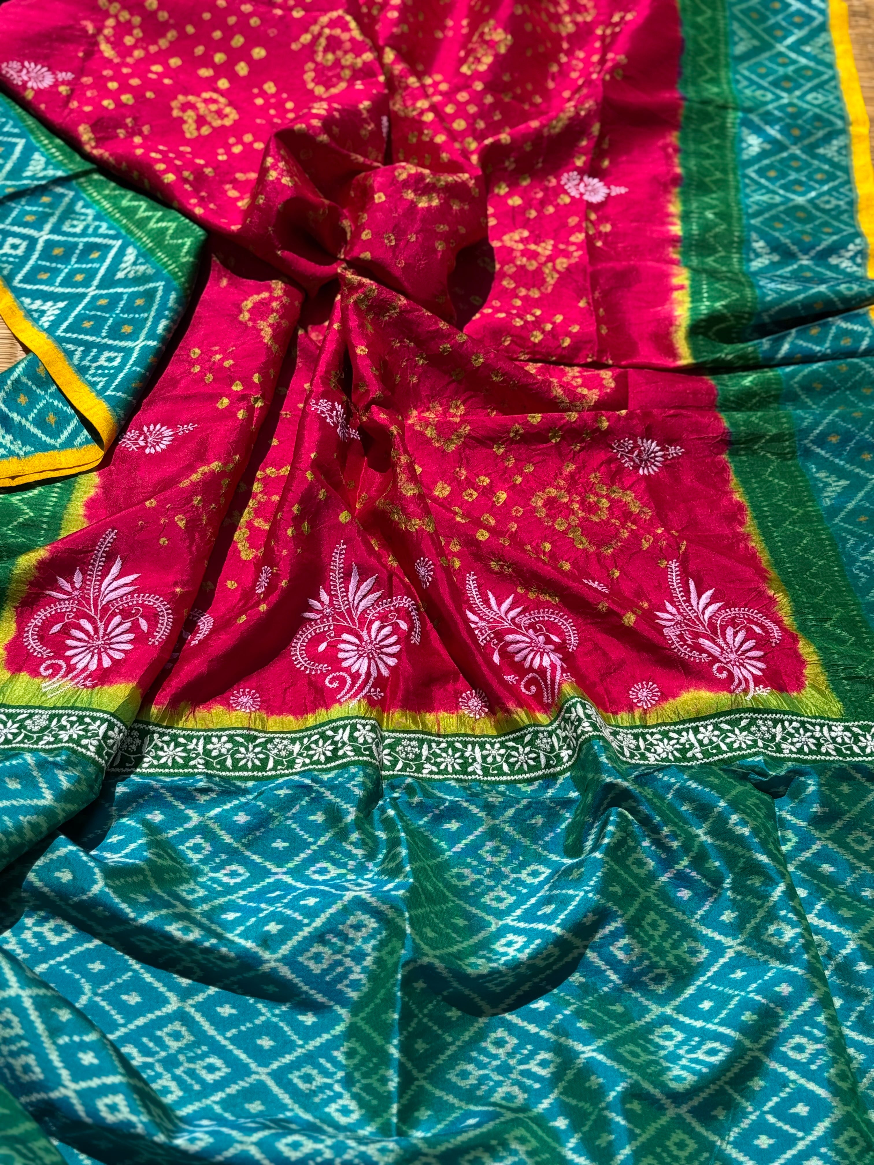 Fusion Rai Bhandej on ikkat silk with hand embroidery Chikankari work