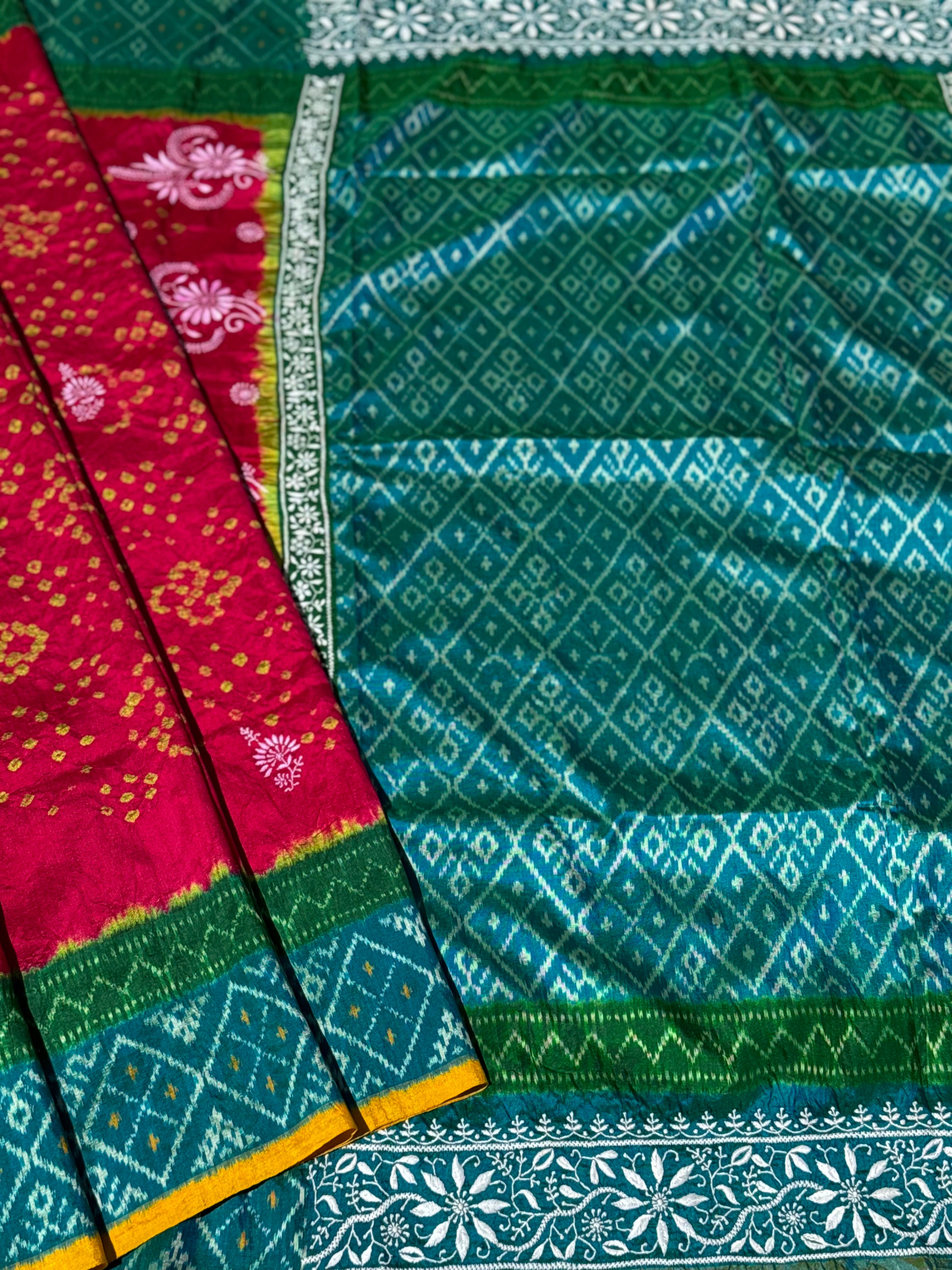 Fusion Rai Bhandej on ikkat silk with hand embroidery Chikankari work