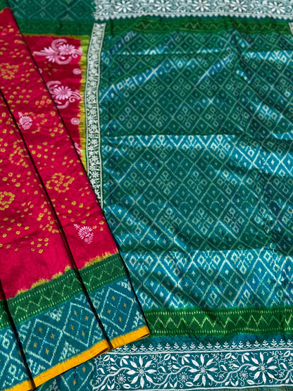 Fusion Rai Bhandej on ikkat silk with hand embroidery Chikankari work