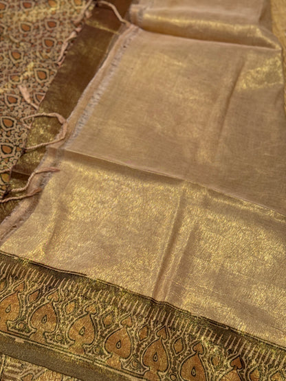 EYARKAI - NATURAL DYE KODALIKARUPPUR BLOCK PRINTS ON TISSUE ZARI GROUNDED COTTON SAREE