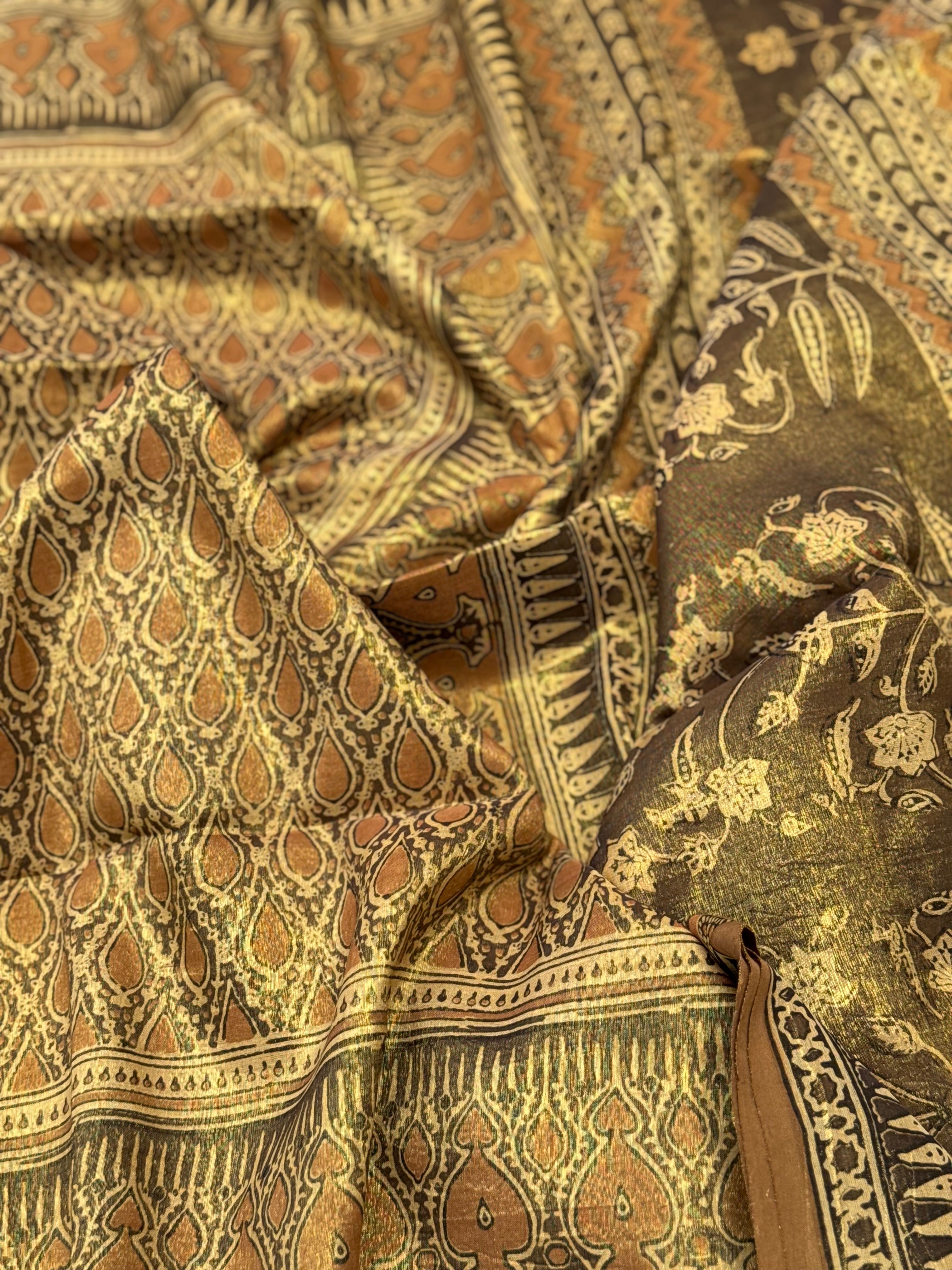 EYARKAI - NATURAL DYE KODALIKARUPPUR BLOCK PRINTS ON TISSUE ZARI GROUNDED COTTON SAREE