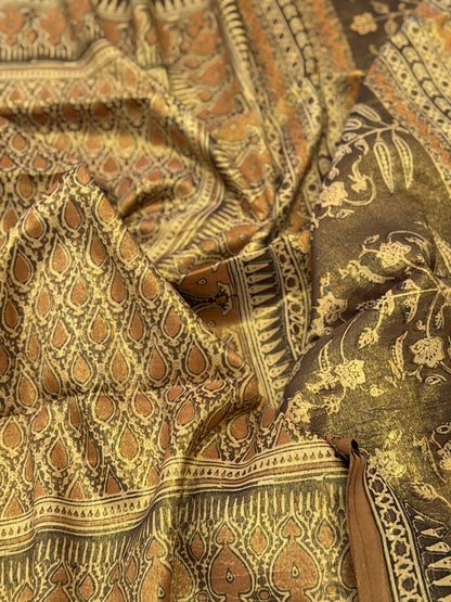 EYARKAI - NATURAL DYE KODALIKARUPPUR BLOCK PRINTS ON TISSUE ZARI GROUNDED COTTON SAREE