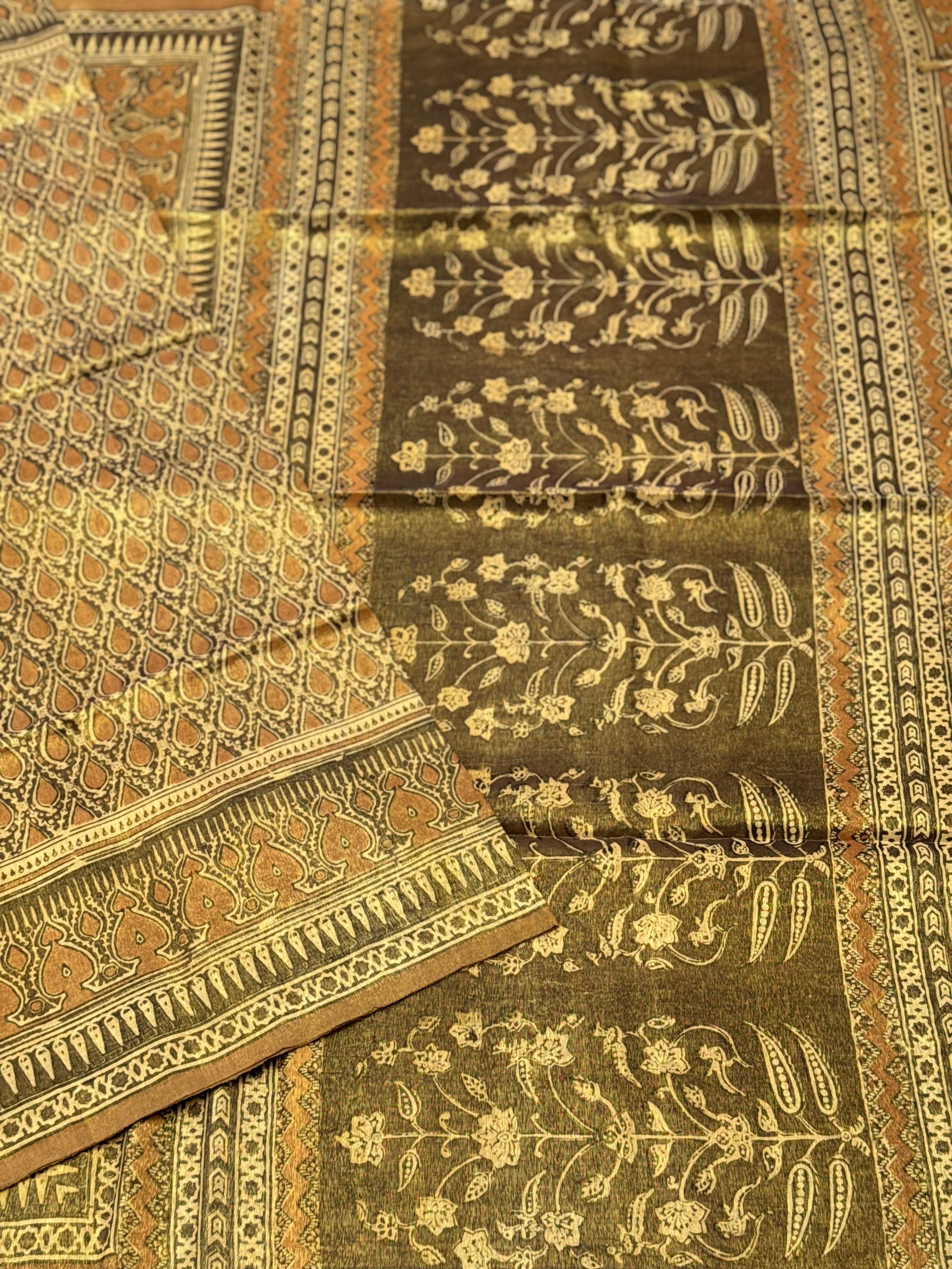 EYARKAI - NATURAL DYE KODALIKARUPPUR BLOCK PRINTS ON TISSUE ZARI GROUNDED COTTON SAREE